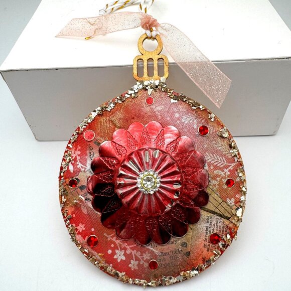 Handcrafted OOAK Red Medallion Ornament With Collage Design Floral Embellishment - Picture 2 of 10